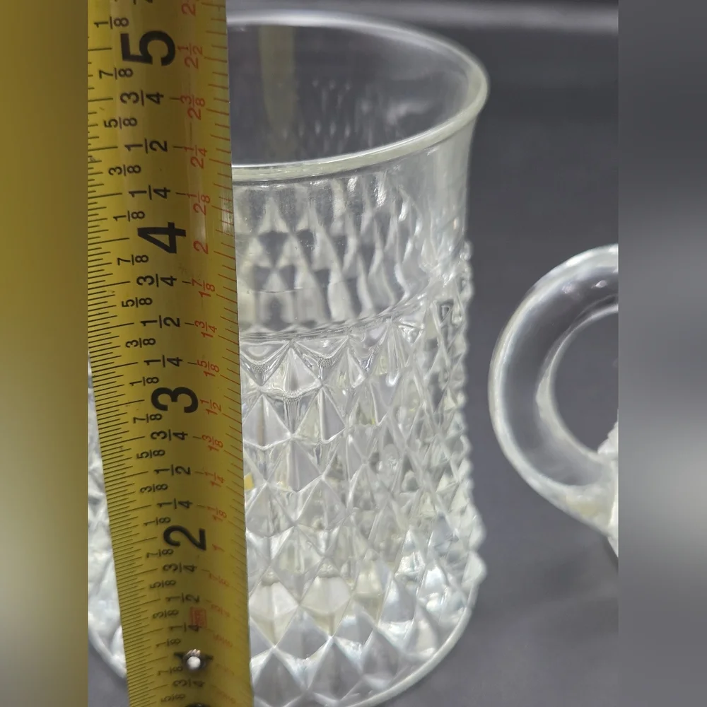 Indiana Glass Diamond Point Handled Coffee Mug Clear Cup Beer Set of 2